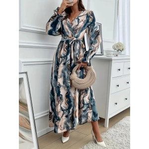 MDB Kadın Uzun Kollu Kruvaze Yakalı Beli Kuşaklı Desenli Süprem Maxi Elbise