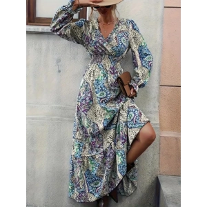 MDB Kadın Uzun Kollu Kruvaze Yakalı Desenli Süprem Maxi Elbise