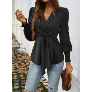 MDB Kadın Uzun Kollu Kruvaze Yakalı önden Bağlamalı Ithal Krep Bluz