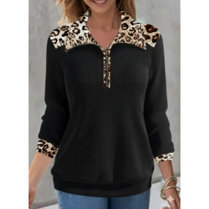 MDB Kadın Uzun Kollu Leopar Yakalı Fermuarlı Waffle Bluz