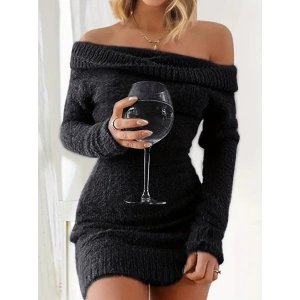 MDB Kadın Uzun Kollu Omuzlardan Açık Kısa şardonlu Triko Elbise