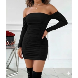 MDB Kadın Uzun Kollu Omuzlardan Açık Takma Kollu Büzgülü Sandy Kısa Elbise