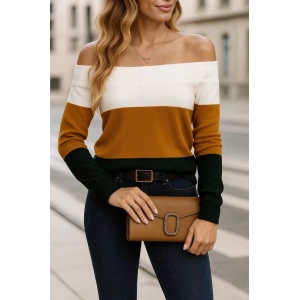 MDB Kadın Uzun Kollu Omuzlardan Açık Uzun Kollu Blok çizgili Triko Bluz