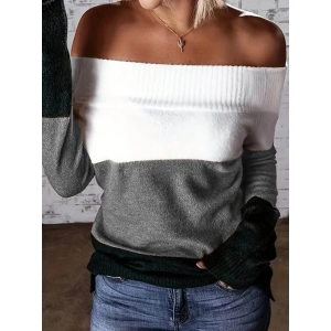 MDB Kadın Uzun Kollu Omuzlardan Açık Uzun Kollu Blok çizgili Triko Bluz