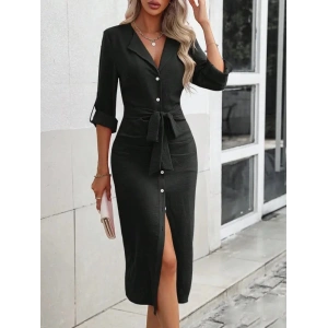 MDB Kadın Uzun Kollu önden Düğmeli Beli Kuşaklı Aerobin Midi Elbise