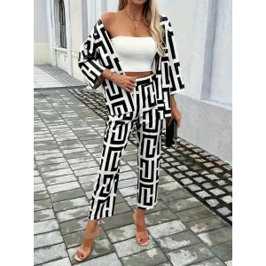 MDB Kadın Uzun Kollu önü Açık Desenli Iki Iplik Ceket Ve Pantolon Ikili Takım