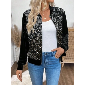 MDB Kadın Uzun Kollu önü Açık Fermuarlı Pulpayetli Kadife Ceket