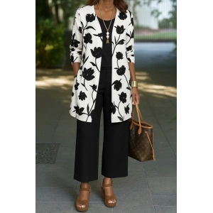 MDB Kadın Uzun Kollu önü Açık Modal Ceket Kolsuz Viskon Iki Iplik Bluz Ve Pantolon üçlü Takım