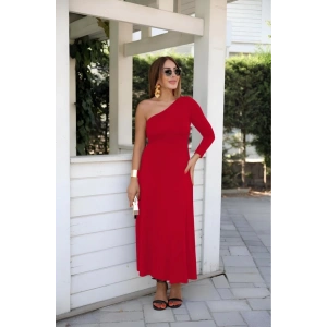 MDB Kadın Uzun Kollu Tek Omuz Detay Krep Elbise