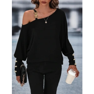 MDB Kadın Uzun Kollu Tek Omuzdan Açık Askı Detaylı Waffle Bluz