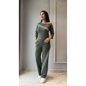 MDB Kadın Uzun Kollu Truvakar Kol Tek Omuz çapraz şerit Detaylı Ribanalı Viskon Iki Iplik Bluz Ve Pantolon Ikili Takım