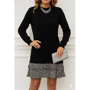 MDB Kadın Uzun Kollu üst şardonlu Kaşkorse Alt Süprem Desenli Elbise