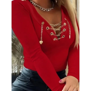 MDB Kadın Uzun Kollu V çapraz Zincir Detaylı Kaşkorse Bluz