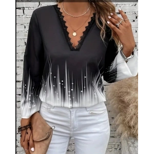 MDB Kadın Uzun Kollu V Dantel Yaka Desenli Modal Bluz