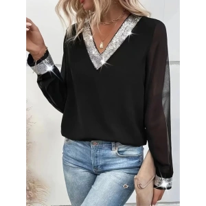 MDB Kadın Uzun Kollu V Pulpayet Yakalı Ithal Krep Bluz