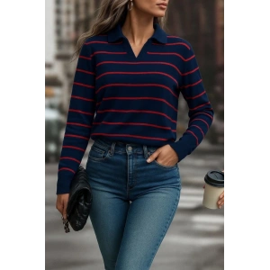 MDB Kadın Uzun Kollu V Yaka çizgili Triko Bluz
