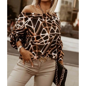 MDB Kadın Uzun Kollu V Yaka Düşük Omuz Geometrik Desen şardonlu Dalgıç Bluz
