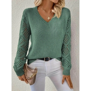 MDB Kadın Uzun Kollu V Yaka Kol Delikli Baklava Desen Detaylı Triko Kazak