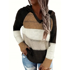 MDB Kadın Uzun Kollu V Yakalı Bağcıklı Kapşonlu Triko Bluz