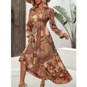 MDB Kadın Uzun Kollu V Yakalı Beli Lastikli Desenli Süprem Elbise