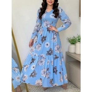 MDB Kadın Uzun Kollu V Yakalı çiçek Desenli Maxi Süprem Elbise