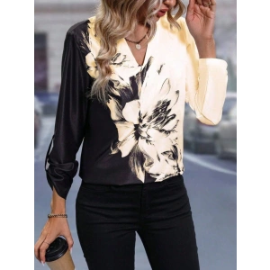 MDB Kadın Uzun Kollu V Yakalı çiçek Desenli Süprem Bluz