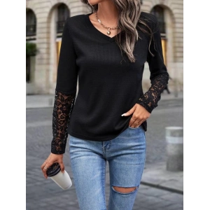 MDB Kadın Uzun Kollu V Yakalı Dantelli Waffle Bluz