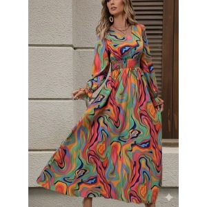 MDB Kadın Uzun Kollu V Yakalı Desenli Maxi Süprem Elbise