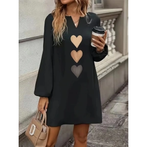 MDB Kadın Uzun Kollu V Yakalı Kalp Desenli Mini Ithal Krep Elbise