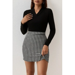 MDB Kadın Uzun Kollu V Yakalı Kaz Ayağı Desenli şardonlu Dalgıç Elbise