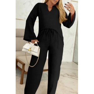 MDB Kadın Uzun Kollu V Yakalı Keten Bluz Bağcıklı Pantolon Ikili Takım