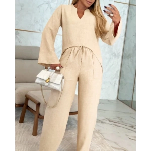 MDB Kadın Uzun Kollu V Yakalı Keten Bluz Bağcıklı Pantolon Ikili Takım