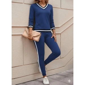 MDB Kadın Uzun Kollu V Yakalı Ribanalı Viskon Iki Iplik Bluz Ve Pantolon Ikili Takım