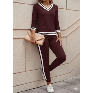 MDB Kadın Uzun Kollu V Yakalı Ribanalı Viskon Iki Iplik Bluz Ve Pantolon Ikili Takım