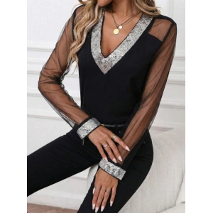 MDB Kadın Uzun Kollu V Yakalı Tül Detaylı Ithal Krep Bluz