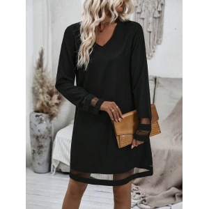 MDB Kadın Uzun Kollu V Yakalı Tül şerit Detaylı Mini Krep Elbise