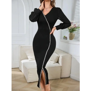 MDB Kadın Uzun Kollu V Yakalı Yırtmaçlı Taşlı Uzun Ithal Krep Elbise