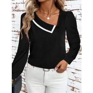 MDB Kadın Uzun Kollu Yaka Detaylı Düğmeli Ithal Krep Bluz