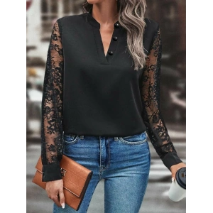 MDB Kadın Uzun Kollu Yaka Düğme Detay Güpürlü Kol Krep Bluz