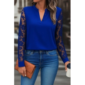 MDB Kadın Uzun Kollu Yaka Düğme Detay Güpürlü Kol Krep Bluz