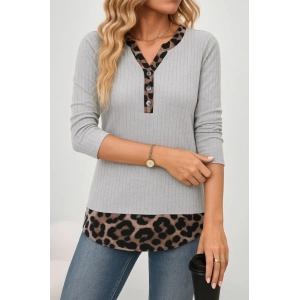 MDB Kadın Uzun Kollu Yakadan Düğmeli Leopar Detaylı Kaşkorse Bluz