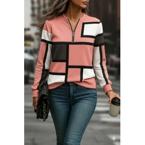 MDB Kadın Uzun Kollu Yakadan Fermuarlı Desenli şardonlu Dalgıç Bluz