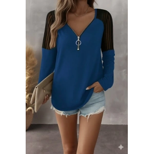 MDB Kadın Uzun Kollu Yakadan Fermuarlı Viskon Bluz