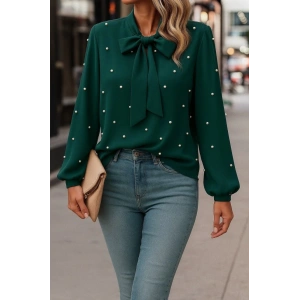 MDB Kadın Uzun Kollu Yakadan Fiyonklu Incili Ithal Krep Bluz