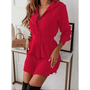 MDB Kadın Uzun Kollu Yakalı Belden Kemerli Kıs Ithal Krep Elbise