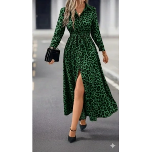 MDB Kadın Uzun Kollu Yakalı Belden Kuşaklı Leopar Desenli Modal Uzun Elbise