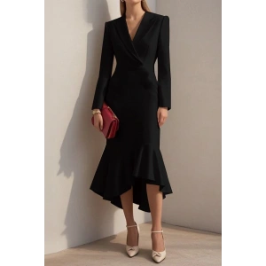 MDB Kadın Uzun Kollu Yakalı Belden Oturtmalı Midi Ithal Krep Elbise