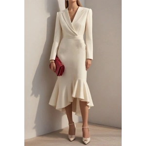 MDB Kadın Uzun Kollu Yakalı Belden Oturtmalı Midi Ithal Krep Elbise