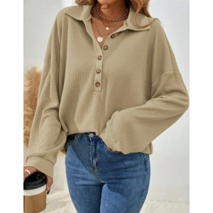 MDB Kadın Uzun Kollu Yakalı Düğmeli Salaş Waffle Bluz