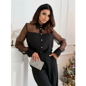 MDB Kadın Uzun Kollu Yakalı önden Düğmeli Tül Detaylı Dokuma Viskon Bluz